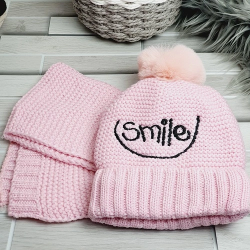 Dětský zimní set šála a čepice Smile – růžový zimní komplet