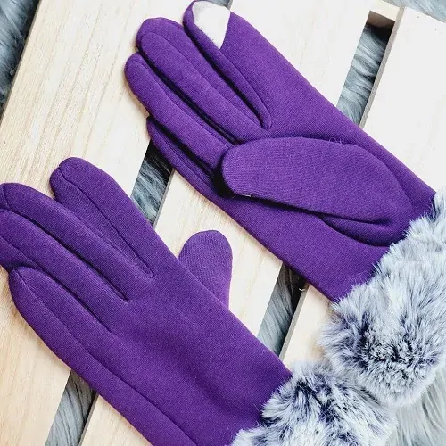 Luxusní zateplené rukavice s kožíškem – fialové, vhodné i pro dotykové telefony