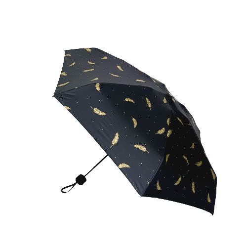 Dámský mini skládací deštník černý se zlatými peříčky