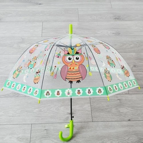 Průhledný dětský deštník s píšťalkou a sovičkami – zelený, 80 cm