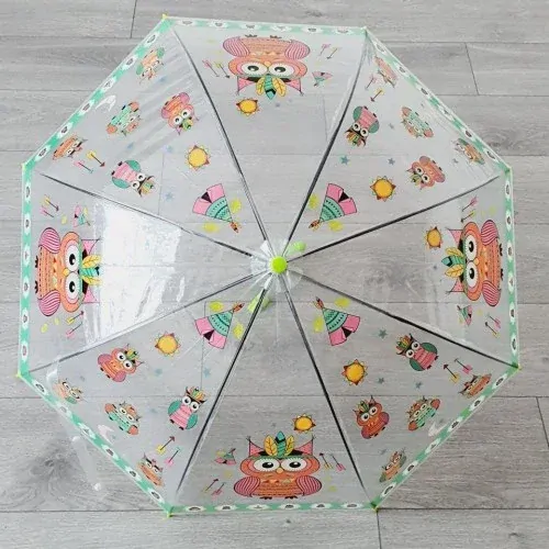 Průhledný dětský deštník s píšťalkou a sovičkami – zelený, 80 cm