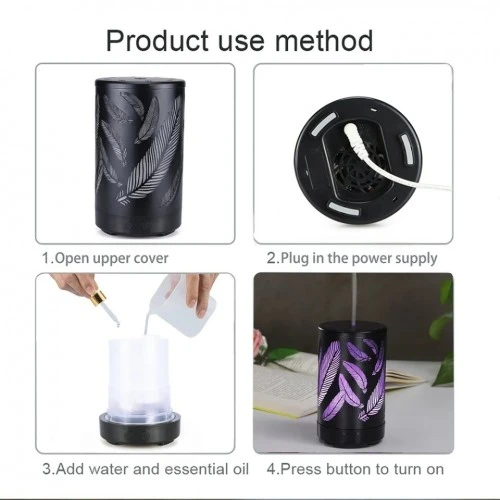 Ultrazvukový aroma difuzér 100 ml – motiv Peříčka, 7 barev LED, černý