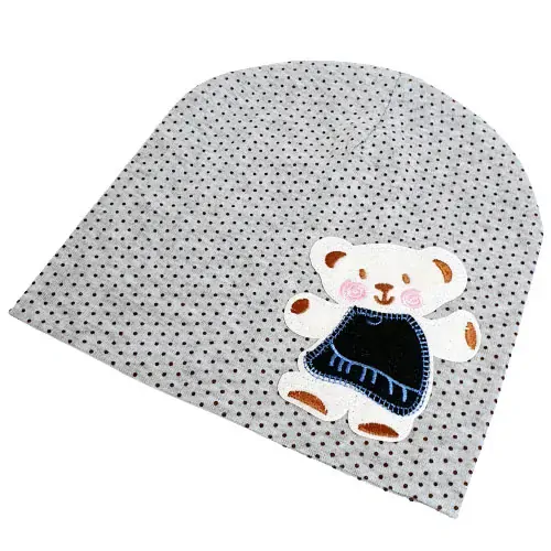 Dětská bavlněná čepice s medvídkem a puntíky – jarní/podzimní, šedá