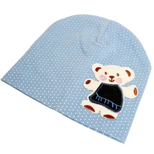 Dětská bavlněná čepice s medvídkem a puntíky – jarní/podzimní, šedá