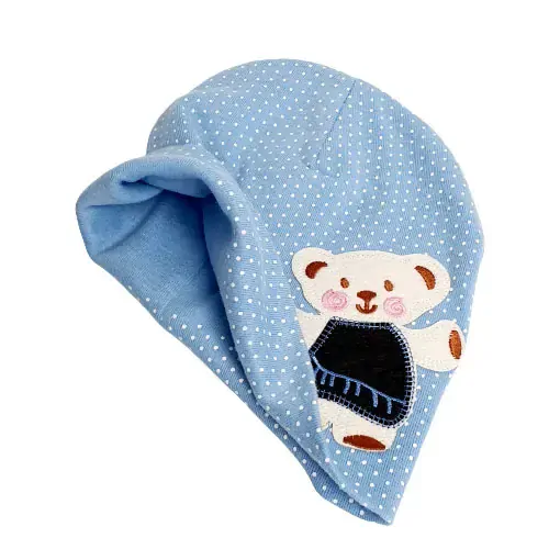 Dětská bavlněná čepice s medvídkem a puntíky – jarní/podzimní, šedá