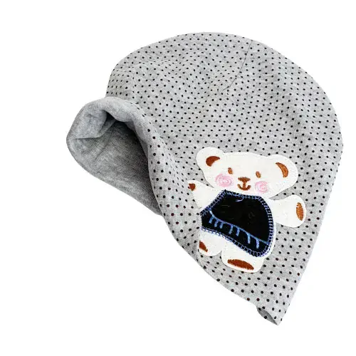 Dětská bavlněná čepice s medvídkem a puntíky – jarní/podzimní, šedá