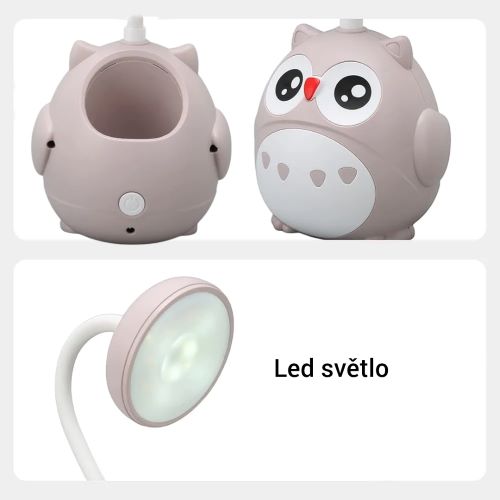 Dětská LED lampička Sovička se stojánkem nabíjecí růžová – ohebná, USB
