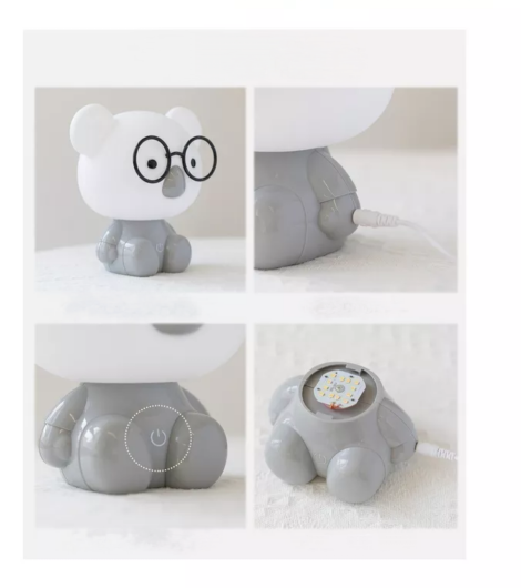 Dětská LED lampička Medvídek s brýlemi šedá – stmívatelná, USB
