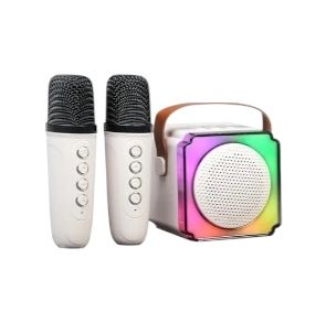 Dětský karaoke set P8 béžový: 2x bezdrátový mikrofon, Bluetooth, LED