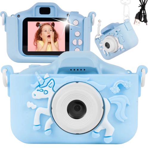 Dětský digitální fotoaparát Jednorožec – Full HD foťák s hrami a silikonovým krytem, modrý