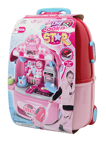 Dětská kuchyňka v kufříku 2v1 se světlem a zvukem – modrý interaktivní herní set na kolečkách, 26 doplňků