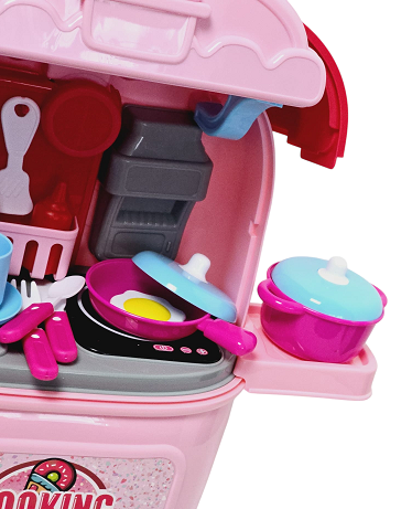 Dětská kuchyňka v kufříku 2v1 se světlem a zvukem – modrý interaktivní herní set na kolečkách, 26 doplňků