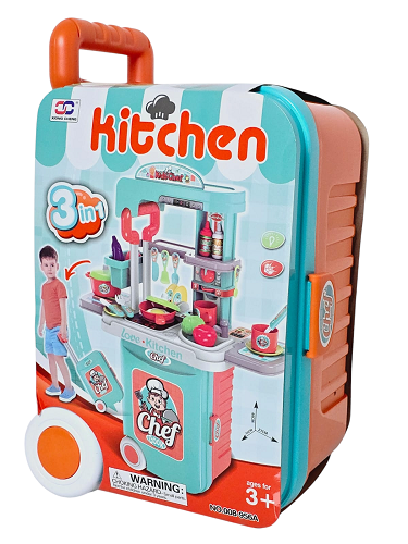Dětská kuchyňka v kufříku 3v1 Kitchen – modrý herní set se zvuky a světlem