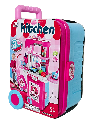 Dětská kuchyňka v kufříku 3v1 Kitchen – modrý herní set se zvuky a světlem