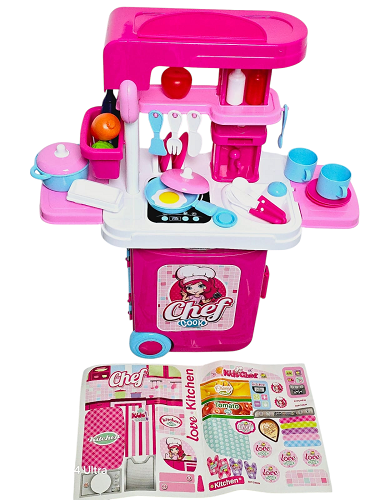 Dětská kuchyňka v kufříku 3v1 Kitchen – modrý herní set se zvuky a světlem