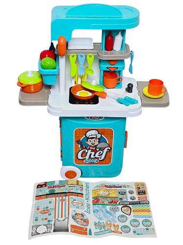 Dětská kuchyňka v kufříku 3v1 Kitchen – modrý herní set se zvuky a světlem