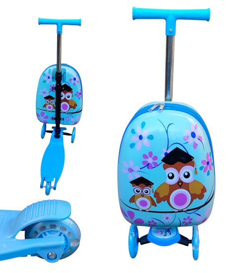 Skládací koloběžka s kufrem 2v1 – motiv Sova, modrá