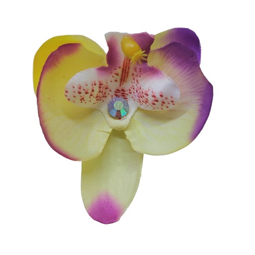 Látková brož orchidej s pinetou, žluto-fialová