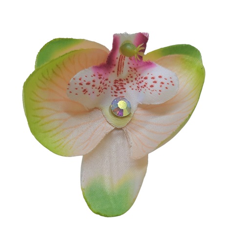 Látková brož orchidej s pinetou, lososovo-zelená