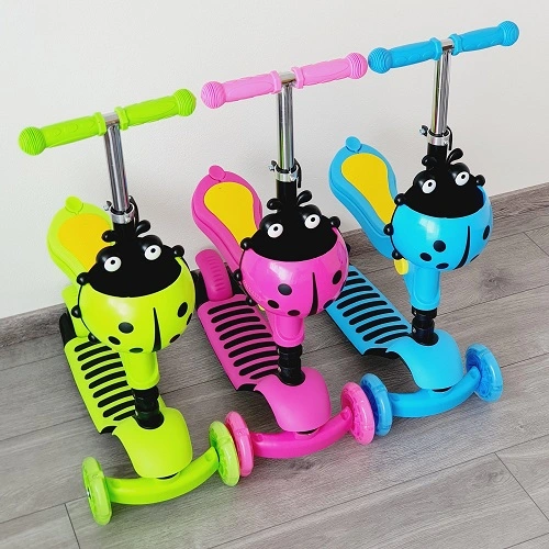 Dětská balanční koloběžka 3v1 s LED kolečky a skládacím sedátkem - modrá