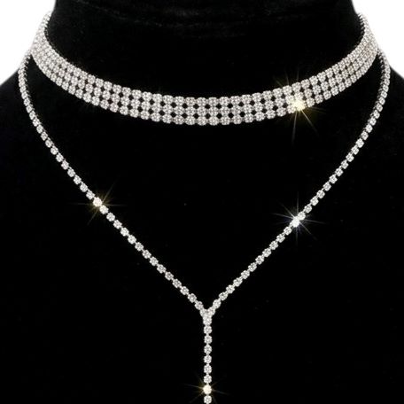 Elegantní štrasový náhrdelník choker s dlouhým přívěskem a kamínky