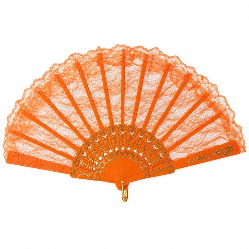 Látkový krajkový vějíř zdobený - oranžový