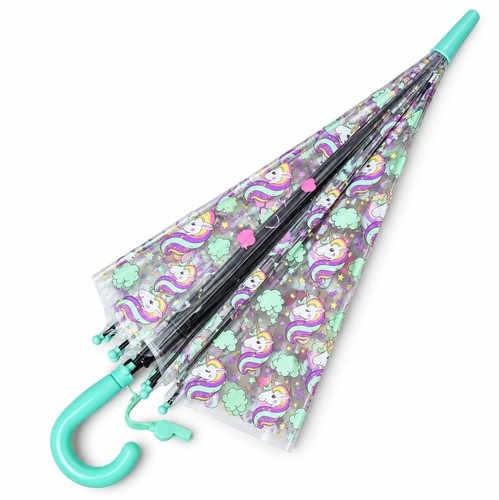 Průhledný dětský deštník s píšťalkou a jednorožcem - zelený 82 cm