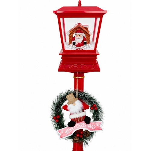 Vánoční pouliční lampa se sněžením Santa s chaloupkou 120 cm červená