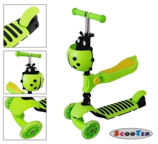 Dětská balanční koloběžka 3v1 s LED kolečky a skládacím sedátkem - zelená