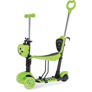 Dětská balanční koloběžka 5v1 s LED kolečky a vodící tyčí – zelená
