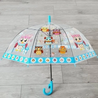 Průhledný dětský deštník s píšťalkou a sovičkami – modrý, 80 cm