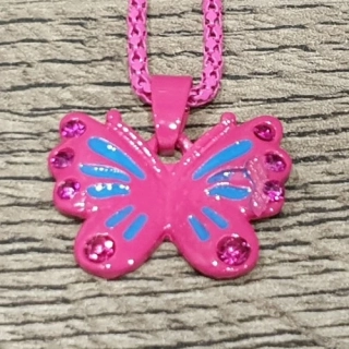 Dětský řetízek s přívěskem Motýlek – růžový, s kamínky, 42+5,5 cm