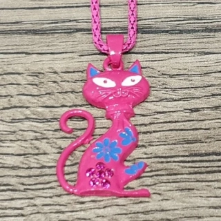 Dětský řetízek s přívěskem Kočka – růžový, s kamínky, 42+5,5 cm
