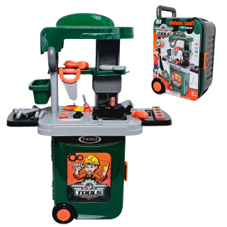 Dětský ponk s nářadím v kufříku 3v1 – pracovní dílna na kolečkách s doplňky