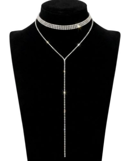 Elegantní štrasový náhrdelník choker s dlouhým přívěskem a kamínky