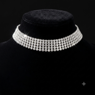 Elegantní štrasový náhrdelník choker s kamínky, 5 řad – stříbrný